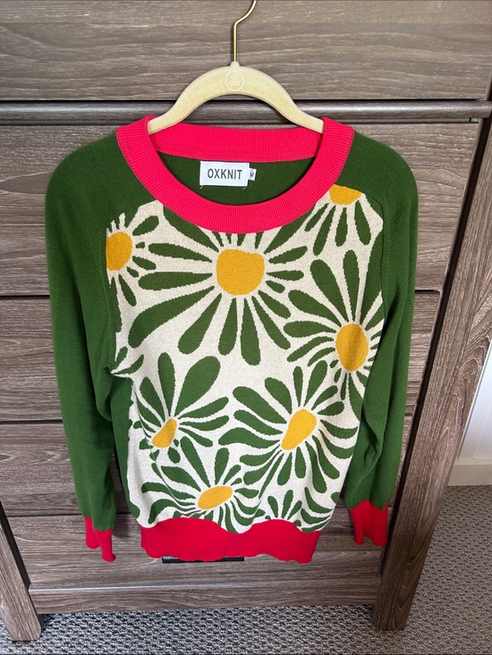 OXKnit Sweaters - OXKNIT Green Floral Crewneck Sweater with Pink Accents